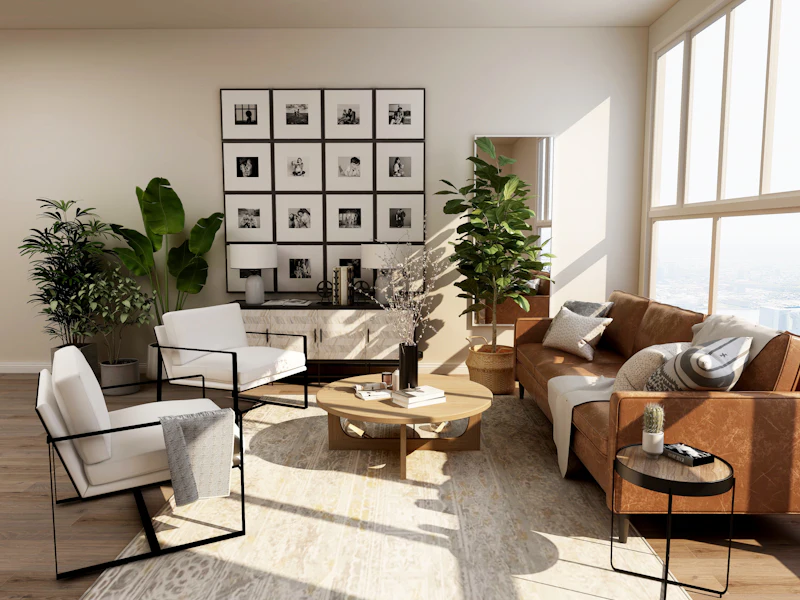 Bright, tidy living room with a light sofa and natural daylight